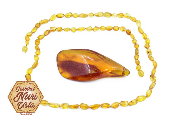 ŞEFFAF SARI ORJİNAL DAMLA KEHRİBAR ERKEK VE BAYAN SERTİFİKALI KOLYE 