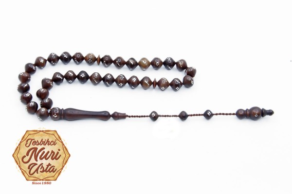 UÇLU YUVARLAK KUKA AĞACI 925 AYAR GÜMÜŞ İŞLEME EL YAPIMI SİSTEMLİ TESBİH 