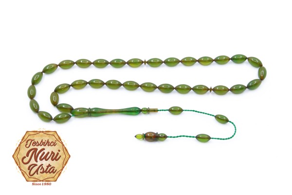 YEŞİL RENK ATEŞ KEHRİBARI KLASİK İMAME ARPA KESİM SİSTEMLİ PÜSKÜL EL YAPIMI TESBİH