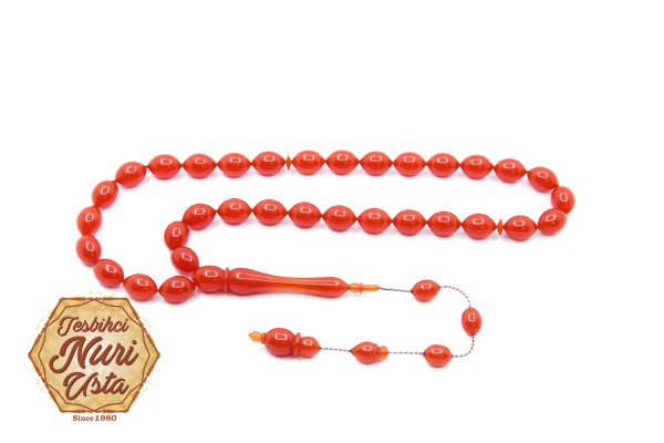 TURUNCU ÖZEL RENK ELİPS KESİM  BÜYÜK YENİ SIKMA ATEŞ KEHRİBAR KLASİK İMAME SİSTEMLİ EL YAPIMI TESBİH