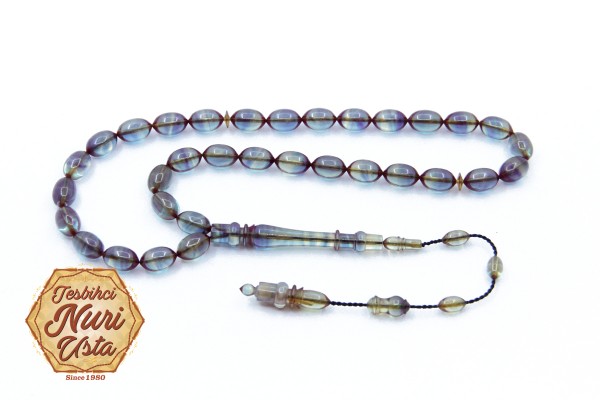 ŞEFFAF AÇIK MOR RENK YENİ ATEŞ KEHRİBAR MEVLEVÎ İMAME  SİSTEMLİ EL YAPIMI TESBİH