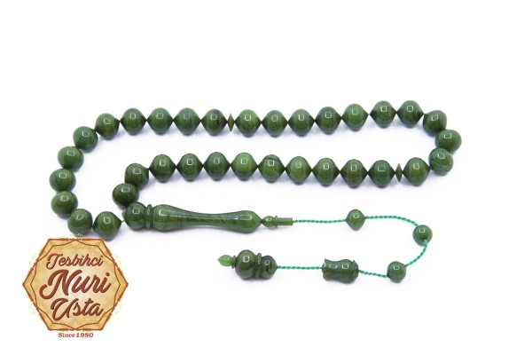 ÖZEL TASARIM SIĞIRCIK KESİM YEŞİL YENİ ATEŞ KEHRİBAR KLASİK İMAME  SİSTEMLİ EL YAPIMI TESBİH