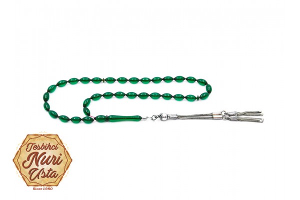 YEŞİL  RENK İNCE ARPA KESİM YENİ ATEŞ KEHRİBAR KLASİK İMAME 925 AYAR GÜMÜŞ PÜSKÜLÜ TESBİH