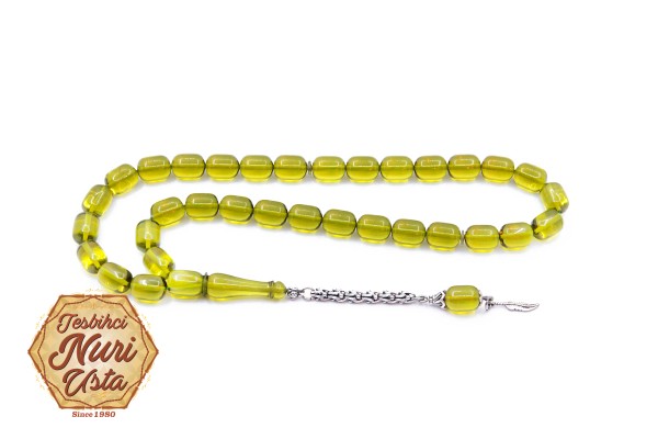 YEŞİL KAPSÜL TANE YENİ ATEŞ KEHRİBAR 925 AYAR GÜMÜŞ PÜSKÜLLÜ TESBİH