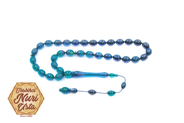 PARLEMENT MAVİSİ RENK ELİPS KESİM YENİ SIKMA ATEŞ KEHRİBAR KLASİK İMAME SİSTEMLİ EL YAPIMI TESBİH