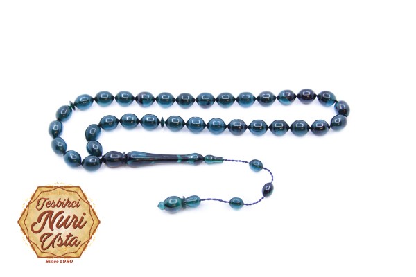 ÖZEL MAVİ RENK ELİPS KESİM YENİ SIKMA ATEŞ KEHRİBAR KLASİK İMAME SİSTEMLİ EL YAPIMI TESBİH