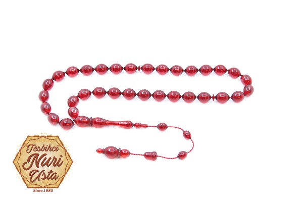 KIRMIZI RENK ELİPS KESİM YENİ SIKMA ATEŞ KEHRİBAR KLASİK İMAME SİSTEMLİ EL YAPIMI TESBİH