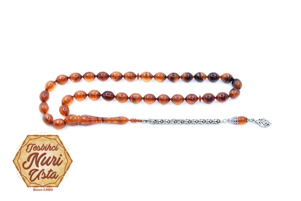 SARI SIKMA ELİPS TANE BÜYÜK SIKMA KEHRİBAR KLASİK İMAME 925 AYAR GÜMÜŞ PÜSKÜL EL YAPIMI TESBİH