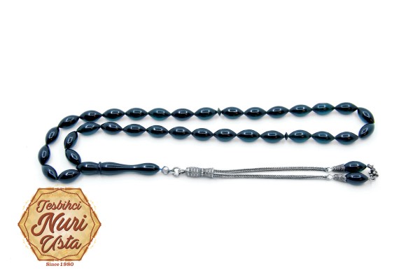 KOYU YEŞİL ARPA TANE YENİ ATEŞ KEHRİBAR 925 AYAR GÜMÜŞ PÜSKÜLLÜ TESBİH