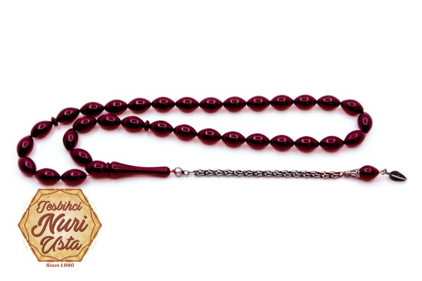 KOYU KIRMIZI ELİPS TANE YENİ ATEŞ KEHRİBAR 925 AYAR GÜMÜŞ PÜSKÜLLÜ TESBİH