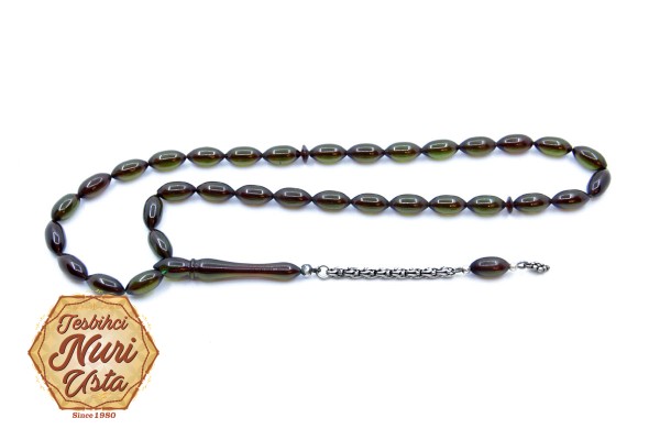 HAKİ YEŞİL ARPA TANE YENİ ATEŞ KEHRİBAR 925 AYAR GÜMÜŞ PÜSKÜLLÜ TESBİH