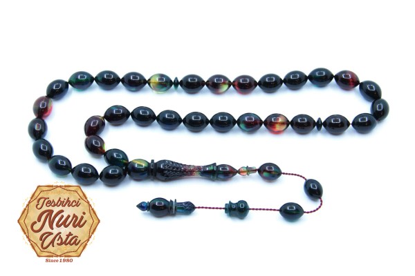 KARMA RENK ATEŞ KEHRİBARI KALEMKAR İMAME ELİPS KESİM SİSTEMLİ PÜSKÜL EL YAPIMI TESBİH