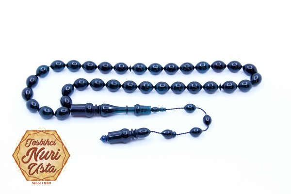 MAVİ RENK ATEŞ KEHRİBARI ÖZEL  İMAME BÜYÜK ELİPS KESİM SİSTEMLİ PÜSKÜL EL YAPIMI TESBİH