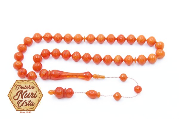 ÖZEL TASARIM SIĞIRCIK KESİM TURUNCU YENİ ATEŞ KEHRİBAR KLASİK İMAME  SİSTEMLİ EL YAPIMI TESBİH