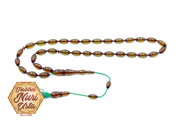 YENİ ATEŞ KEHRİBARI ÖZEL TASARIM ARPA KESİM SARI RENK SİSTEMLİ PÜSKÜL EL YAPIMI TESBİH