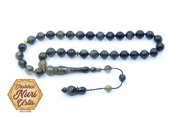 SİYAH RENK YUVARLAK KESİM YENİ ATEŞ KEHRİBARI SİSTEMLİ PÜSKÜL EL YAPIMI TESBİH