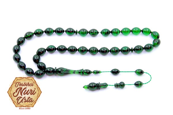 KALEMKAR İMAME YEŞİL RENK ELİPS KESİM YENİ ATEŞ KEHRİBARI SİSTEMLİ PÜSKÜL EL YAPIMI TESBİH