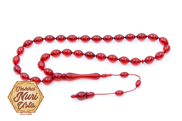 KIRMIZI RENK ATEŞ KEHRİBARI KLASİK İMAME ELİPS KESİM SİSTEMLİ PÜSKÜL EL YAPIMI TESBİH