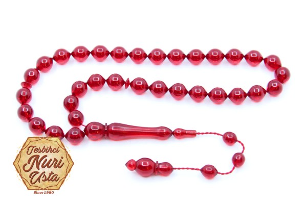 KIRMIZI RENK ATEŞ KEHRİBARI KLASİK İMAME YUVARLAK KESİM SİSTEMLİ PÜSKÜL EL YAPIMI TESBİH