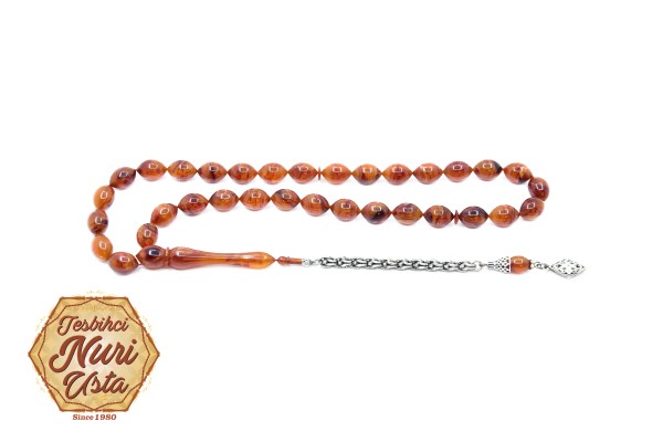 SARI SİYAH SIKMA ELİPS TANE BÜYÜK SIKMA KEHRİBAR KLASİK İMAME 925 AYAR GÜMÜŞ PÜSKÜL EL YAPIMI TESBİH